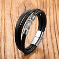Men's multilayer braided black leather bracelet with silver magnetic buckle on wood background - 19cm / Knot Metal Accent Style (Style 3)