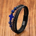 Bracciale multistrato in pelle da uomo con pendente a croce e perline in pietra - 19cm / Lapislazzuli