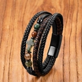 Men's multilayer braided leather bracelet with tiger eye stones and cross on wood background - India Agate