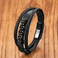 Herren Armband aus schwarzem Leder mehrlagig geflochten mit Magnetverschluss aus Edelstahl - 19cm / Schwarz