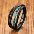 Macro detail of multi-layer leather braid with turquoise cross and magnetic clasp - Turquoise Style A