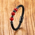 Geflochtenes Lederarmband mit Zinnoberperlen und schwarzem Magnetverschluss für Herren - Zen Buddha Zeichen Drei Perlen Stil (Stil 6)