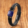 Classic men's braided leather bracelet with square blue lapis stone and magnetic clasp - Lapis Lazuli (19cm) / 19cm