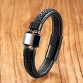Men's black braided leather bracelet with square magnetic buckle and polished metal - Hematite (19cm) / 19cm