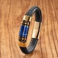 Braided black leather bracelet for men with blue natural stones and magnetic clasp - Lapis Lazuli - Gold Clasp