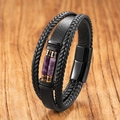 Detailed close-up of multi-layer leather bracelet with tiger eye stones and magnetic clasp - 19cm / Purple Crystal