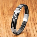 Pulsera de cuero trenzado para hombre con cruz plateada y cierre magnético en madera - 19cm / Negro