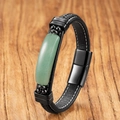 Detail of men's black braided leather bracelet with green stone and magnetic buckle - Aventurine Jade