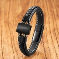Detail of black woven leather men's bracelet with contrast stitching and metal clasp - Black Onyx B (19cm) / 19cm
