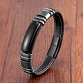 Vintage Herren Lederarmband in Schwarz mit Edelstahlverschluss auf Holzuntergrund - 19cm / Schwarzer Achat