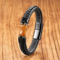 Braided black leather men bracelet with tiger eye stone and black magnetic steel clasp - Agate-B