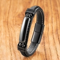Men's black braided leather bracelet with geometric metal plate and magnetic clasp - Hematite