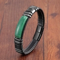 Men's retro black leather bracelet with green stone and polished stainless steel clasp - Aventurine Jade