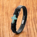 Bracelet pour homme en cuir noir tressé avec croix turquoise et fermoir aimanté - 19cm / Turquoise