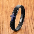 Bracelet pour homme en cuir noir avec croix en pierre de marbre bleu et fermoir métal - 19cm / Lapis-lazuli