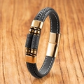 Detail of black braided leather bracelet with golden magnetic clasp and lava stone beads - Lava Stone - Gold Clasp