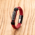 Detail of red braided leather bracelet with black nine-eyed dzi bead and magnetic clasp - Red Rope Black Accessories