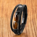 Men's multilayer braided leather bracelet with tiger eye stones and black magnetic clasp - Double Stone Stainless Steel Magnetic Clasp Style (Design 3) / 19cm
