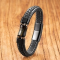 Detail of men's black braided leather bracelet with tiger eye stone and magnetic clasp - Blue Tiger Eye