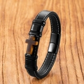 Bracelet pour hommes en cuir tressé noir avec croix en pierre et fermoir magnétique - 19cm / Oeil de Tigre Jaune