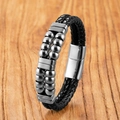 Pulsera para hombre de cuero negro trenzado de doble capa con cuentas de acero y cierre magnético - 19cm / Estilo Cuero Trenzado Cuenta Plateada