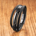 Bracelet multicouche en cuir noir pour hommes avec pierre œil de tigre et fermoir magnétique - Hématite