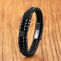 Bracciale da uomo a doppio strato in pelle nera intrecciata con perle e chiusura in metallo - Stile Pelle con Doppia Fila di Perline Nere
