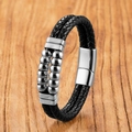Bracciale da uomo a doppio strato in pelle nera intrecciata con fibbia magnetica in acciaio - Stile Pelle con Decoro Metallico Cilindrico