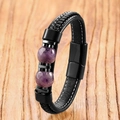 Men's double-row braided leather bracelet with tiger eye stone and black magnetic clasp - 19cm / Purple Crystal