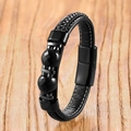 Detail showing hand-woven black leather and natural tiger eye stone beads on the bracelet - 19cm / Black Agate