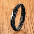 Classic braided black leather bracelet for men with polished magnetic metal clasp - 19cm / Pure Black Magnetic Style (Style 3)