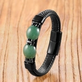 Men's double-row braided leather bracelet with tiger eye beads and stainless steel clasp - Aventurine Jade