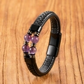 Detail of tiger eye stone beads on double-layer braided leather bracelet with steel clasp - Purple Crystal