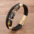 Detail of black woven leather bracelet with polished tiger eye stones and gold magnetic clasp - Gold-Blue Tiger Eye (Gold-A)