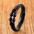 Close-up of men's leather bracelet with blue tiger eye beads and matte black magnetic clasp - Lapis Lazuli