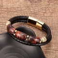 Men's double-layered black braided leather bracelet with golden clasp and tiger eye stones - Gold-Red Tiger Eye (Gold-B)