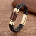 Bracelet homme en cuir tressé avec pierre d'agate brune sur fond bois sombre - Style Agate à Rayures Brunes Dorées (Gold-1)