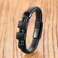 Vue détaillée d'un bracelet en cuir tressé noir avec pierre de lave et fermoir magnétique - Pierre de lave