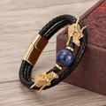 Klassisches chinesisches Drachenarmband aus Leder mit blauem Stein und Goldakzenten - Gold-Lapislazuli (Gold-C)