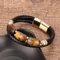 Detail of men's double-layer black braided leather bracelet with tiger eye stones - Gold-Tiger Eye (Gold-C)