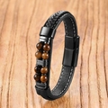 Herren Vintage Lederarmband geflochten mit Tigerauge-Perlen und Magnetverschluss - Gelbes Tigerauge
