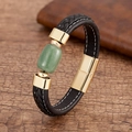 Détail du bracelet en cuir tressé pour homme avec pierre verte et fermoir magnétique doré - Style Aventurine Dorée (Gold-2)