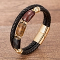 Men's multilayer braided black leather bracelet with natural stones and gold magnetic clasp - Gold-Tricolor Tiger Eye (Gold-D)
