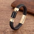 Détail d'un bracelet en cuir noir tressé avec fermoir doré et perle en pierre - Style Agate Noire Dorée (Gold-3)