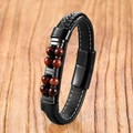 Vintage Herrenarmband aus schwarzem geflochtenem Leder mit Natur-Tigerauge und Metallverschluss - Rotes Tigerauge