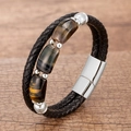 Vue détaillée du bracelet en cuir tressé double couche avec pierres naturelles et fermoir magnétique - Argent-Oeil de Tigre Bleu (Silver-A)