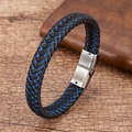Macro shot of black and blue braided leather men's bracelet with silver stainless steel clasp - Blue and Black Woven (Black Buckle)