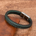 Detail of woven black leather bracelet with green stitching and silver magnetic clasp - Green and Black Woven (Black Buckle)
