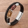 Bracelet tressé en cuir noir pour hommes avec trois pierres œil de tigre et fermoir argent - Argent-Oeil de Tigre Tricolore (Silver-D)