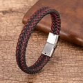 Detail of woven black leather bracelet with red stitching and silver magnetic metal clasp - Red and Black Woven (Black Buckle)